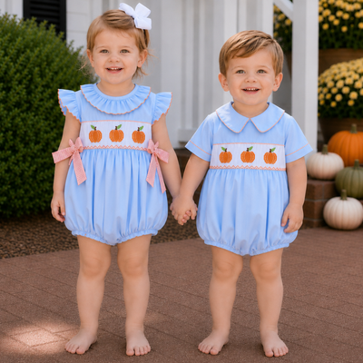 Smocked Pumpkins Collared Boy Bubble - Light Blue