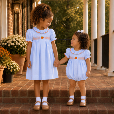 Embroidered Pumpkin Ruffle Neck Dress - Light Blue Gingham
