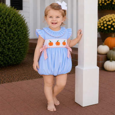Smocked Pumpkins Ruffle Neck Girl Bubble - Light Blue