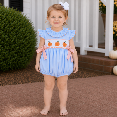 Smocked Pumpkins Ruffle Neck Girl Bubble - Light Blue