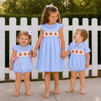 Smocked Pumpkins Collared Boy Bubble - Light Blue