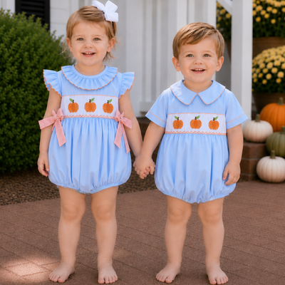 Smocked Pumpkins Collared Boy Bubble - Light Blue