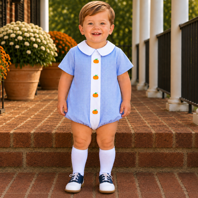 Embroidered Pumpkins Boy Collared Bubble - Blue Gingham