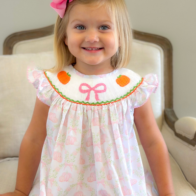 Smocked Pink Bow & Pumpkins Bishop- Pumpkin Lattice