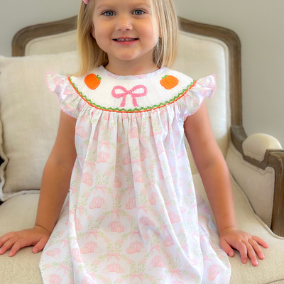 Smocked Pink Bow & Pumpkins Bishop- Pumpkin Lattice
