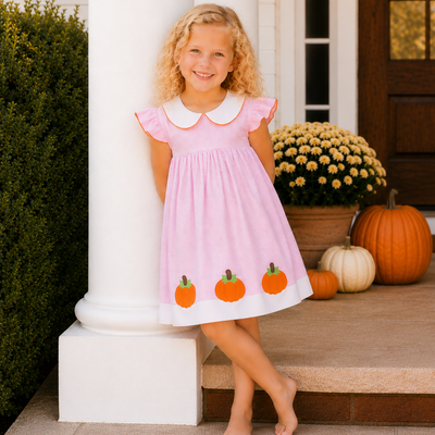 Appliquéd Pumpkins Collared Dress - Light Pink Gingham