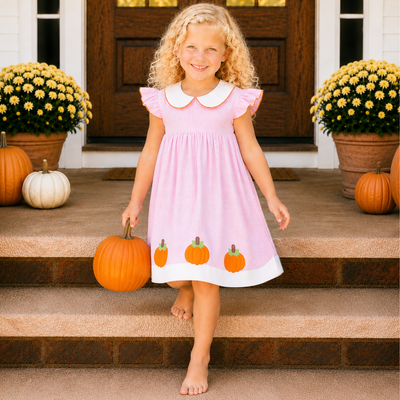 Appliquéd Pumpkins Collared Dress - Light Pink Gingham