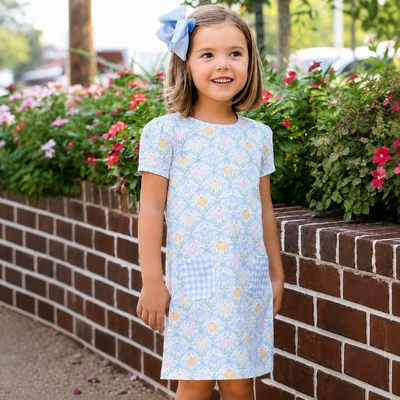 Playground Pocket Dress - Pumpkin Blue Bow Trellis