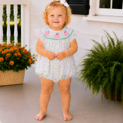 Smocked Pink Pumpkins Girl Bubble - Pumpkins & Vines