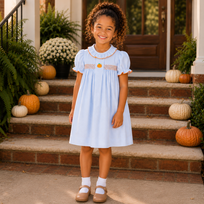 Embroidered Pumpkin Ruffle Neck Dress - Light Blue Gingham