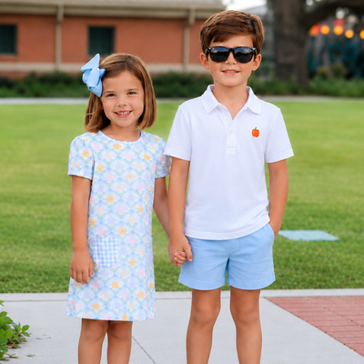 Playground Pocket Dress - Pumpkin Blue Bow Trellis