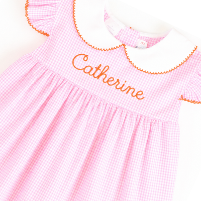 Appliquéd Pumpkins Collared Dress - Light Pink Gingham