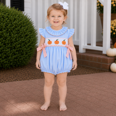 Smocked Pumpkins Ruffle Neck Girl Bubble - Light Blue