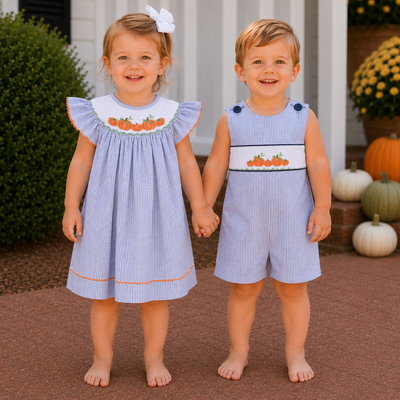 Smocked Pumpkin Patch Bishop - Navy Windowpane