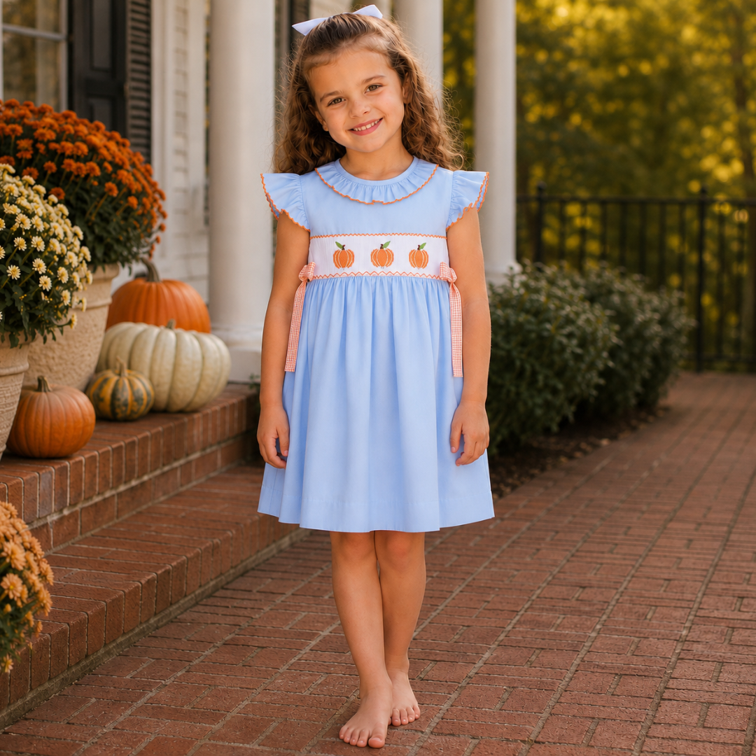 Smocked Pumpkins Ruffle Neck Dress
