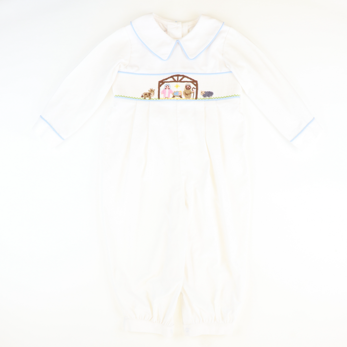 Smocked Silent Night Collared Boy Long Bubble - White Corduroy - Stellybelly