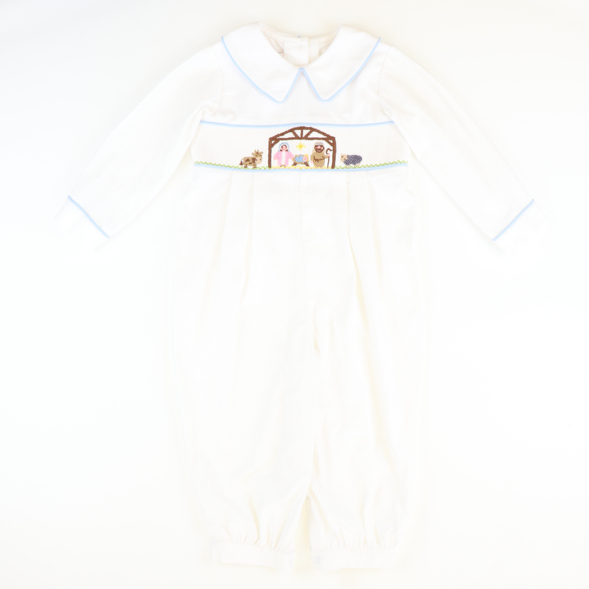 Smocked Silent Night Collared Boy Long Bubble - White Corduroy - Stellybelly