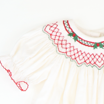 Smocked Christmas Holly Geo Long Bubble - White Corduroy - Stellybelly