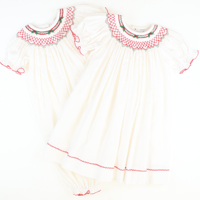 Smocked Christmas Holly Geo Bishop - White Corduroy - Stellybelly