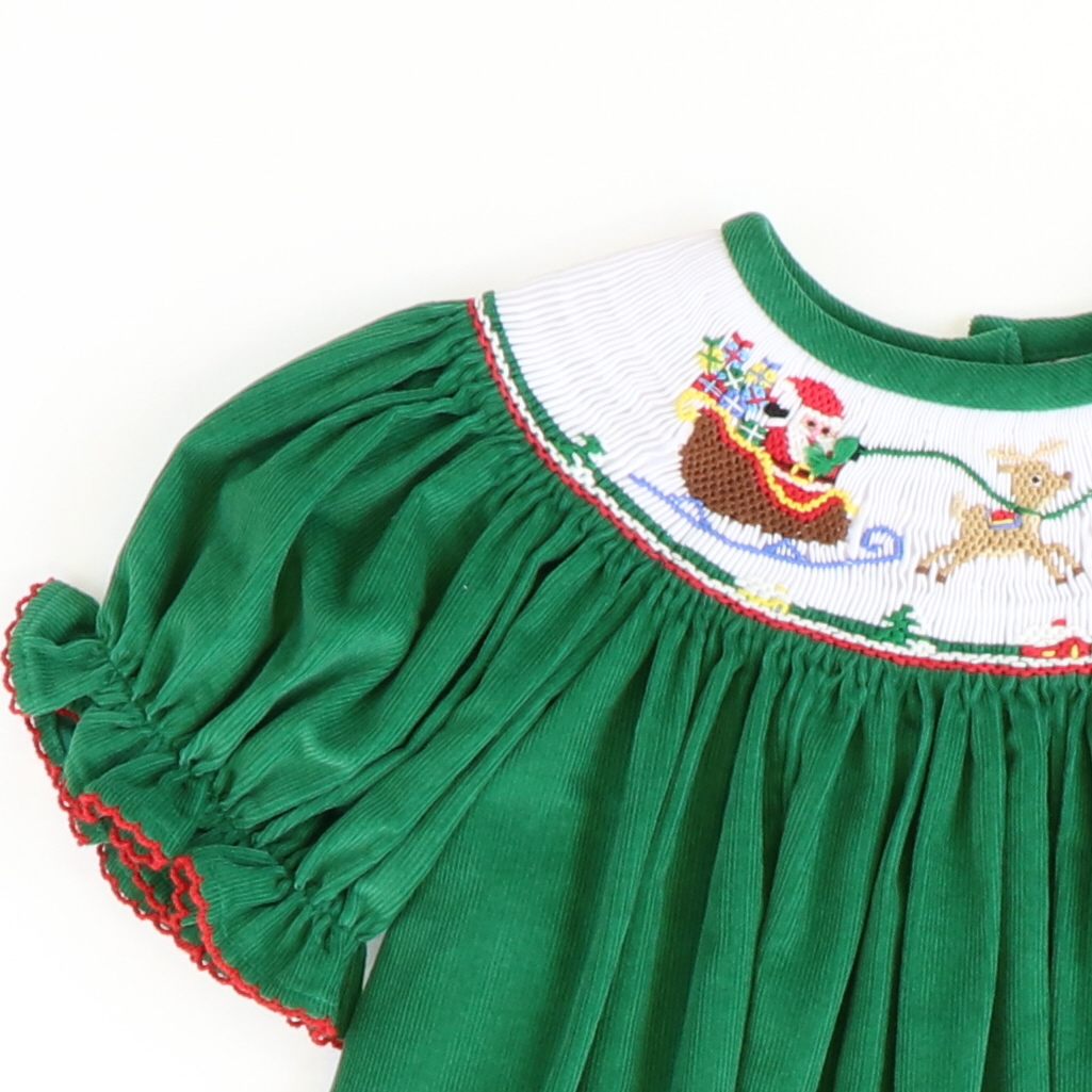 Smocked Santa & Reindeer Bishop - Christmas Green Corduroy - Stellybelly