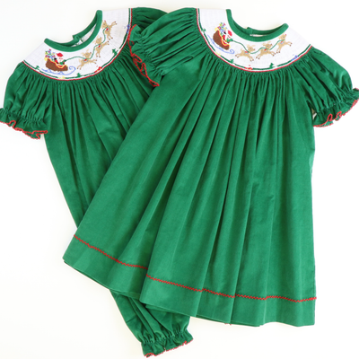 Smocked Santa & Reindeer Bishop - Christmas Green Corduroy - Stellybelly