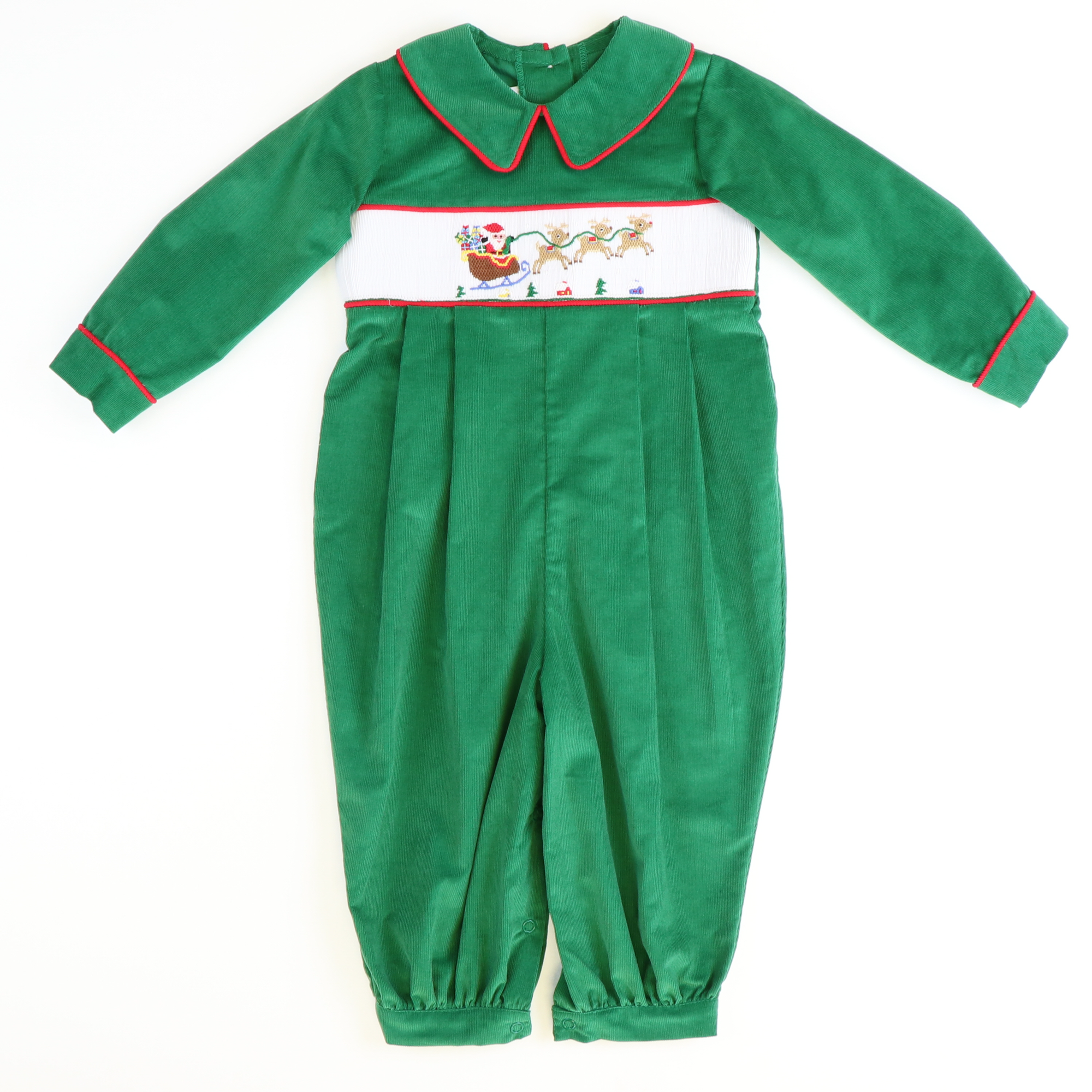 Smocked Santa & Reindeer Collared Boy Long Bubble - Christmas Green Corduroy - Stellybelly