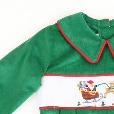 Smocked Santa & Reindeer Collared Boy Long Bubble - Christmas Green Corduroy - Stellybelly