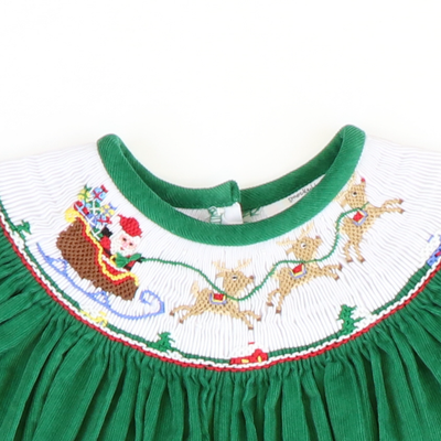 Smocked Santa & Reindeer Girl Long Bubble - Christmas Green Corduroy - Stellybelly