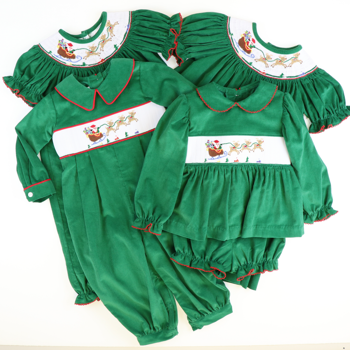 Smocked Santa & Reindeer Bishop - Christmas Green Corduroy - Stellybelly