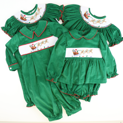 Smocked Santa & Reindeer Bishop - Christmas Green Corduroy - Stellybelly