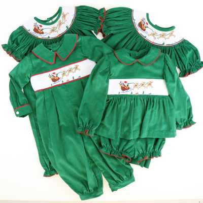 Smocked Santa & Reindeer Collared Boy Long Bubble - Christmas Green Corduroy - Stellybelly