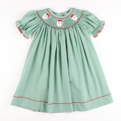 Smocked Santa Faces Bishop - Christmas Green Mini-Gingham - Stellybelly