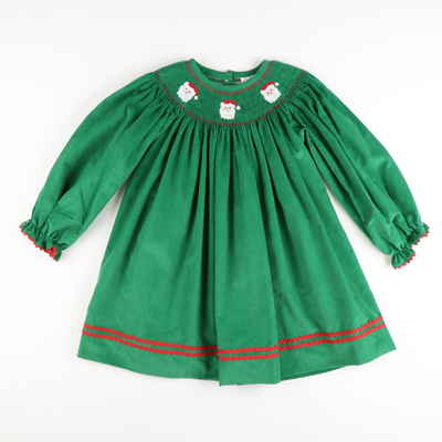 Smocked Santa Faces Long Sleeve Bishop - Christmas Green Corduroy - Stellybelly