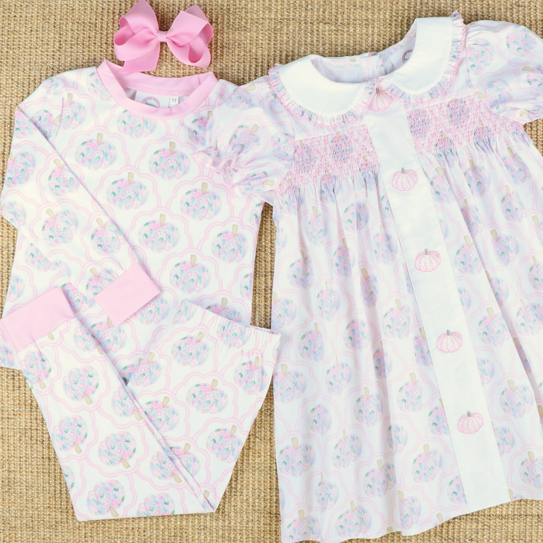 Embroidered Pink Pumpkins Dress - Scalloped Floral Pumpkins - Stellybelly