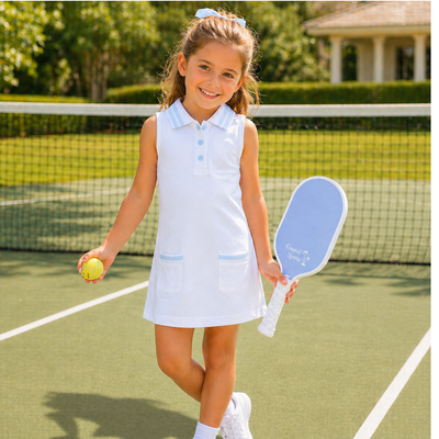 Courtside Tennis Dress - White & Light Blue