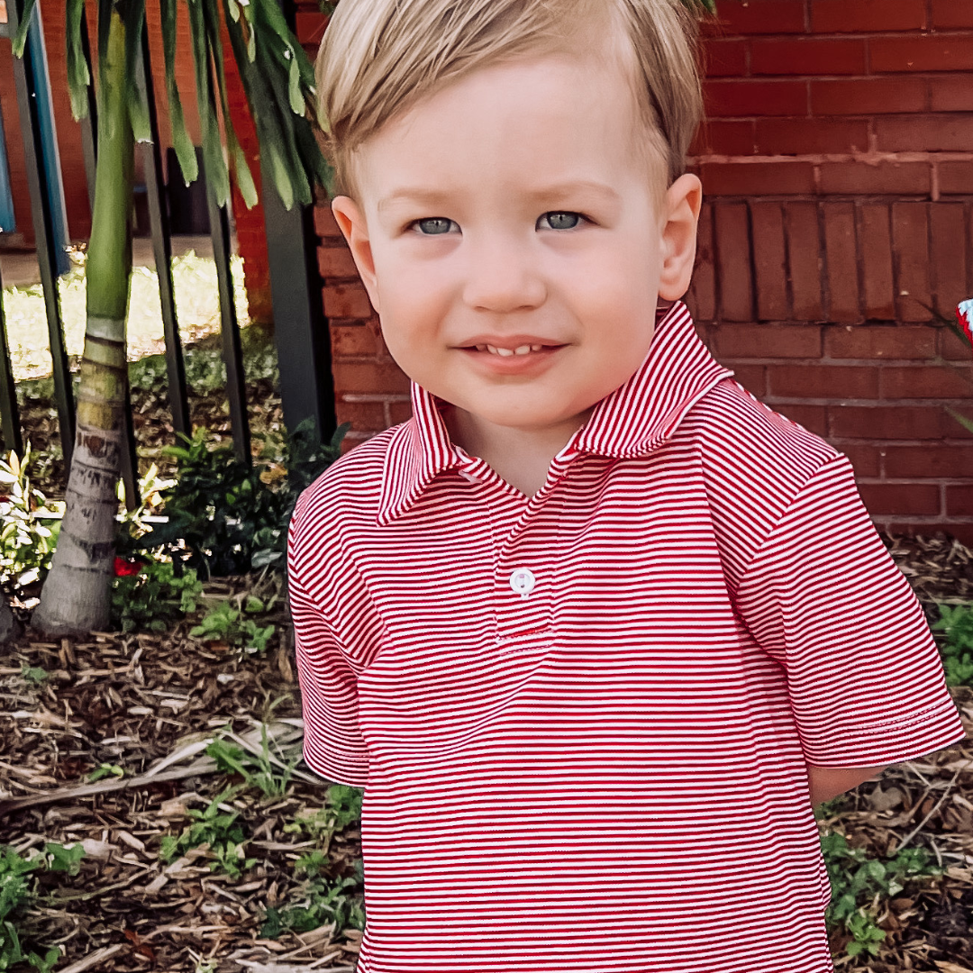 Boys Signature Knit Polo - Red Thin Stripe