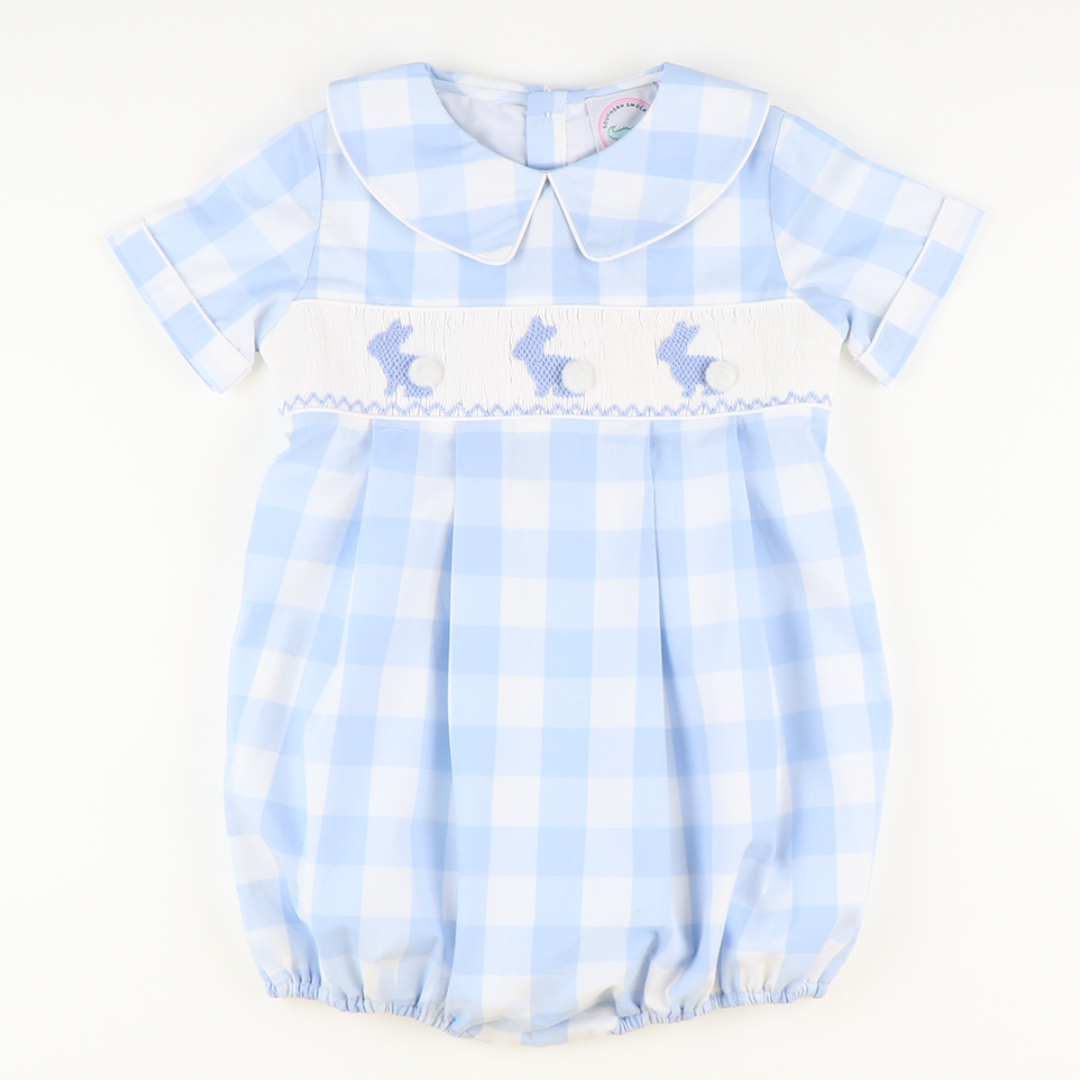 Smocked Blue Silhouette Bunnies Boy Collared Bubble - Light Blue Wide Check