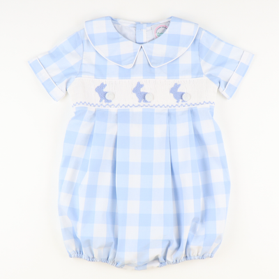 Smocked Blue Silhouette Bunnies Boy Collared Bubble - Light Blue Wide Check