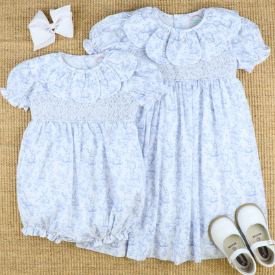 Petal Collar Smocked Girl Bubble - Blue Bunny Toile