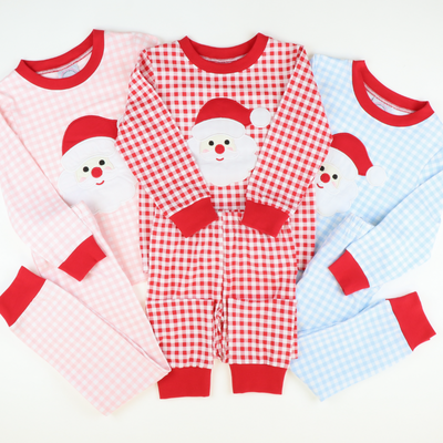 Santa Appliqué Knit Pajama Set - Red Check