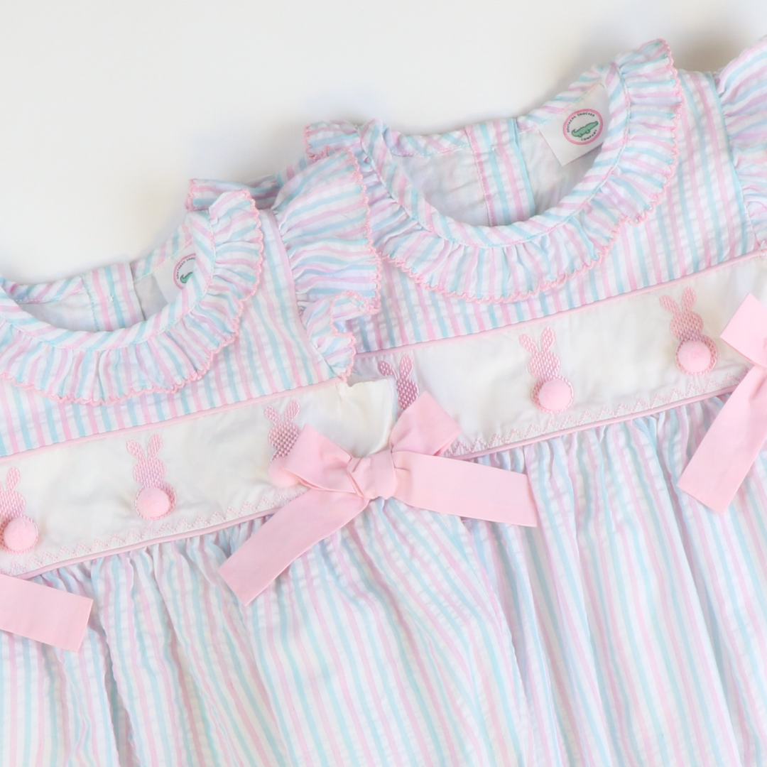 Embroidered Cottontail Bunnies Girl Bubble - Pink & Aqua Stripe Seersucker