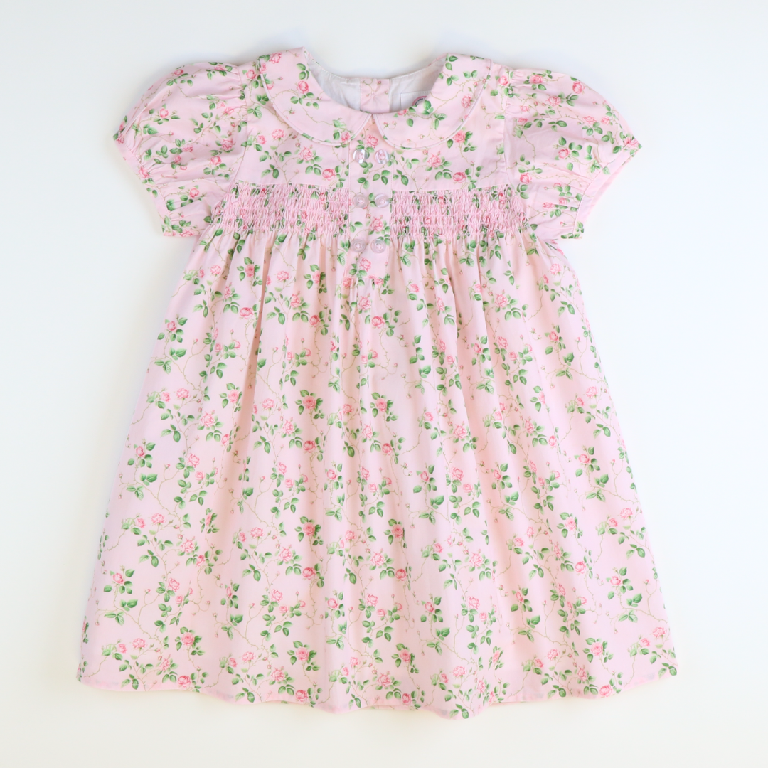 Collared Smocked Dress - Pink Rose Garden