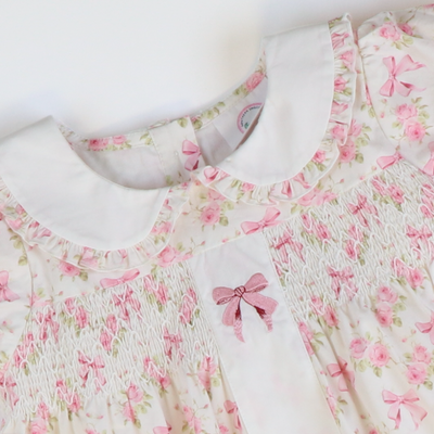 Embroidered Bows Dress - Pink Roses & Bows