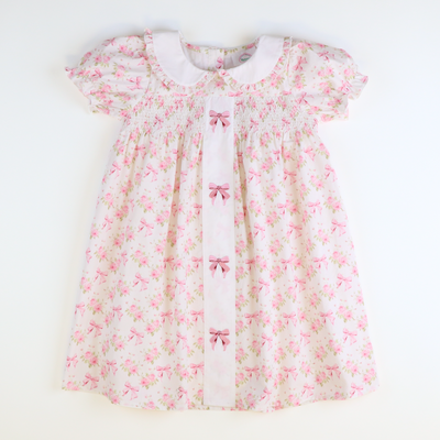 Embroidered Bows Dress - Pink Roses & Bows