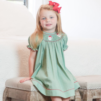 Smocked Santa Faces Bishop - Christmas Green Mini-Gingham - Stellybelly