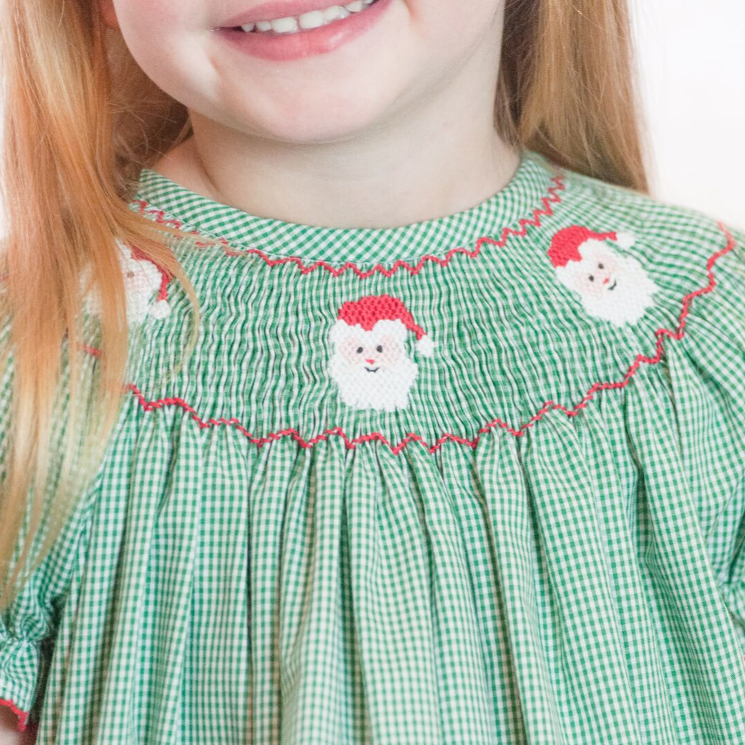 Smocked Santa Faces Bishop - Christmas Green Mini-Gingham - Stellybelly