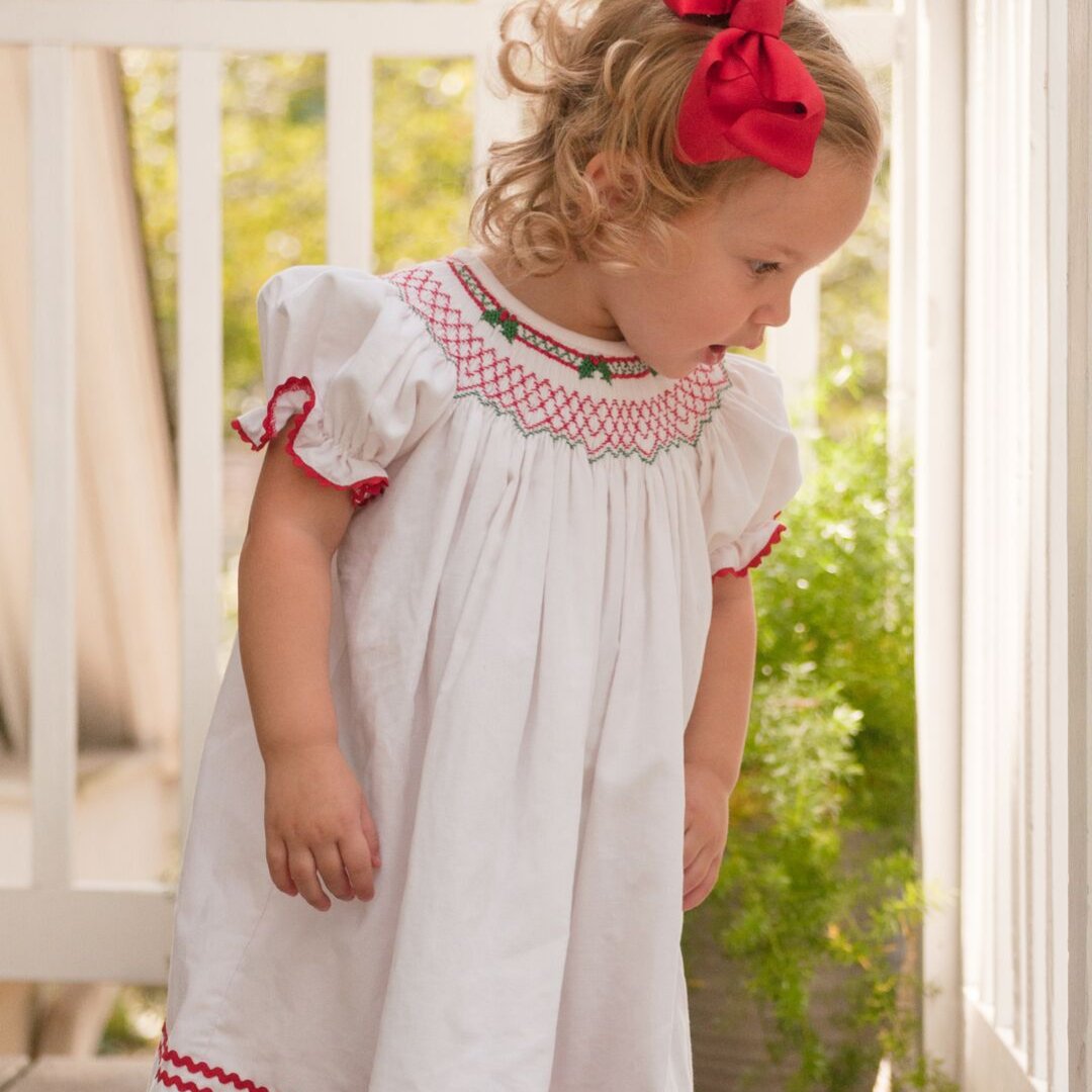 Smocked Christmas Holly Geo Bishop - White Corduroy - Stellybelly