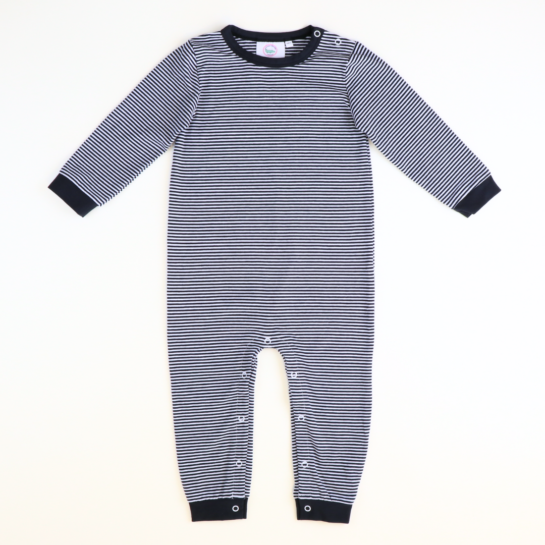 L/S Out & About Romper - Navy Blue & White Thin Stripe