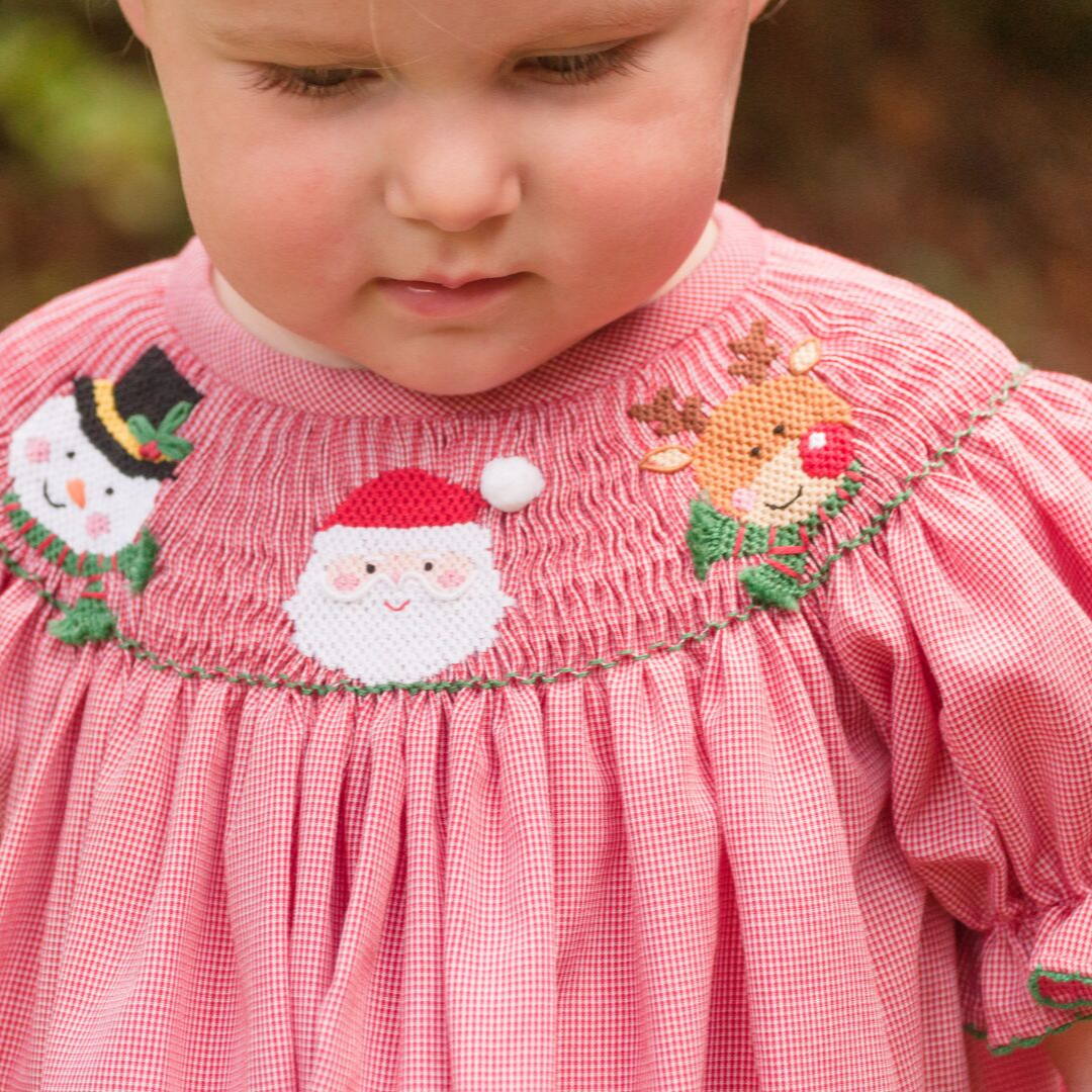 Smocked Christmas Friends Girl Long Bubble - Red Micro-Gingham - Stellybelly