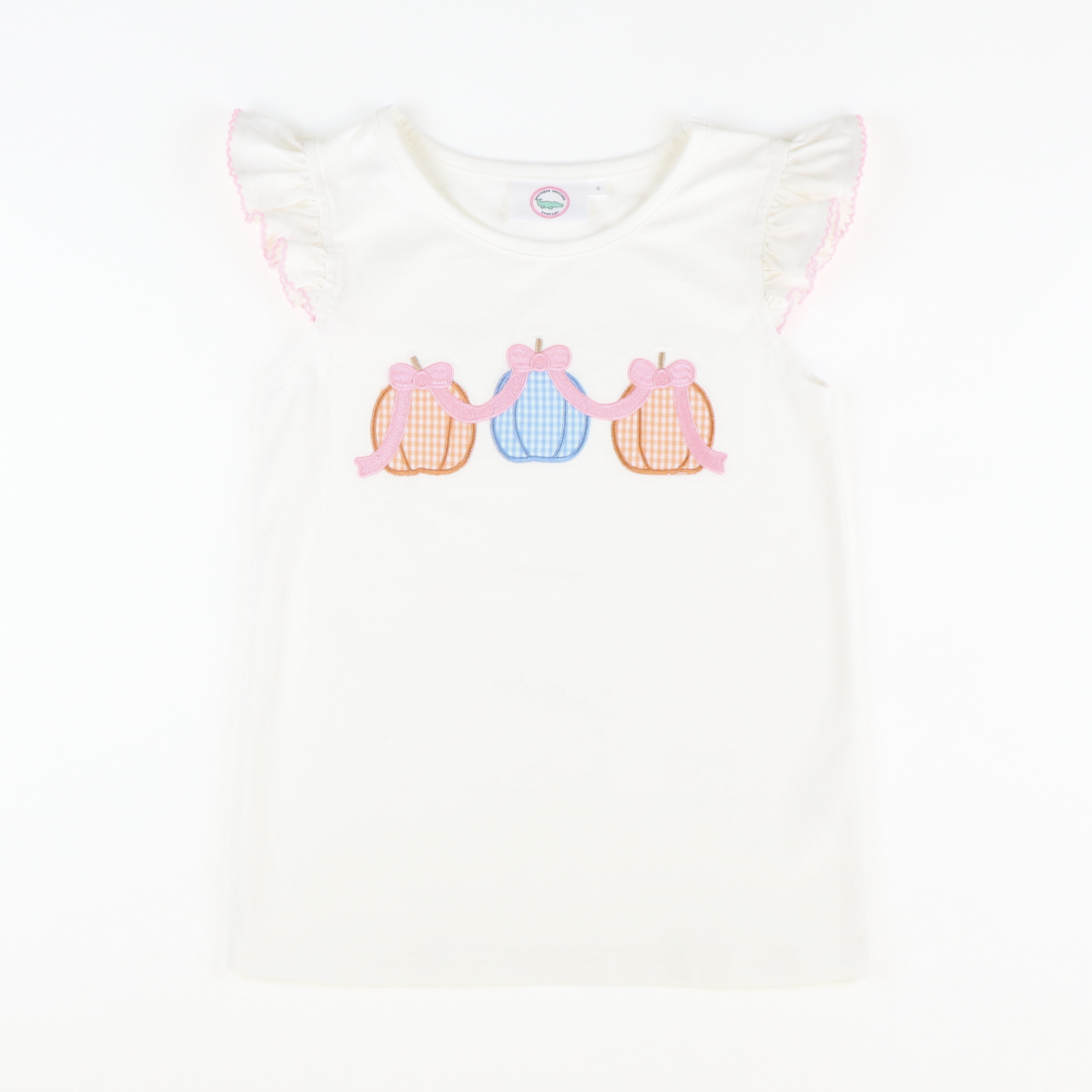 Pumpkin Pink Bow Trio Appliqué Flutter Top - White Knit